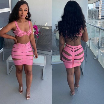Straps See Through Hollow Out Two Piece Dress Sets Women Crop Top Bodycon Mini Skirt 